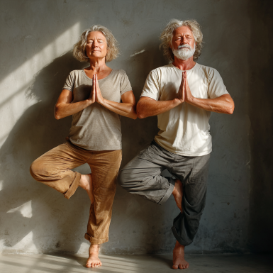 Літня жінка виконує йогу