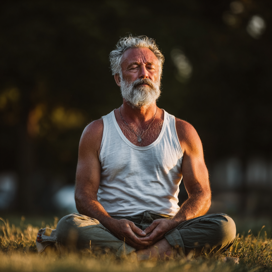 Група літніх людей займається йогою