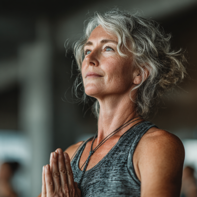 Літні люди займаються йогою в групі